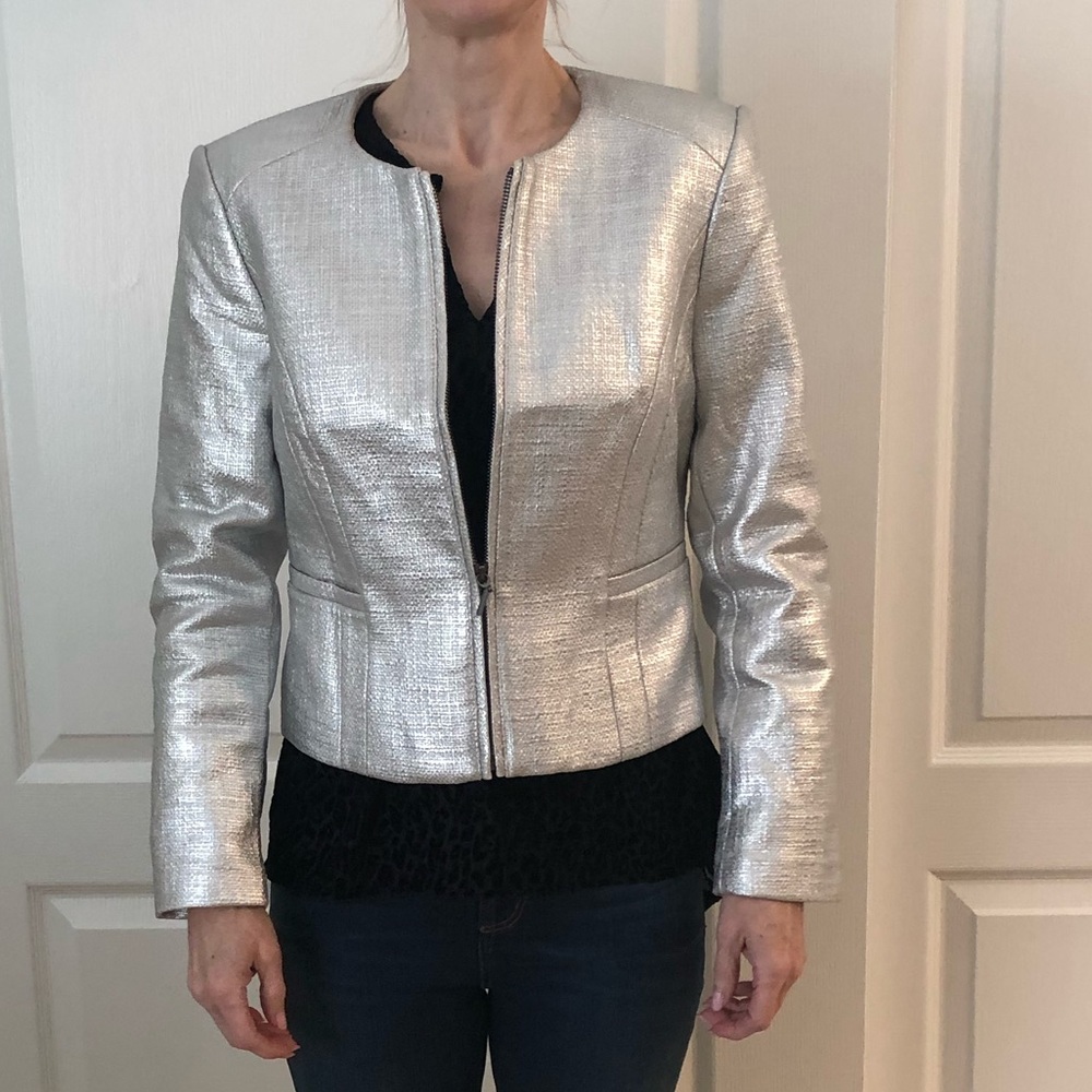 Silver cropped leather jacket - Size 4P - Picture 5 of 5